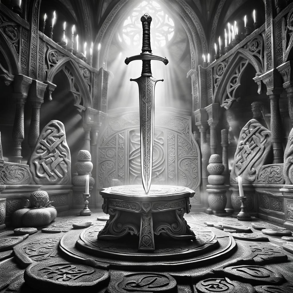 Magical Longsword on Runed Altar: Fantasy Art