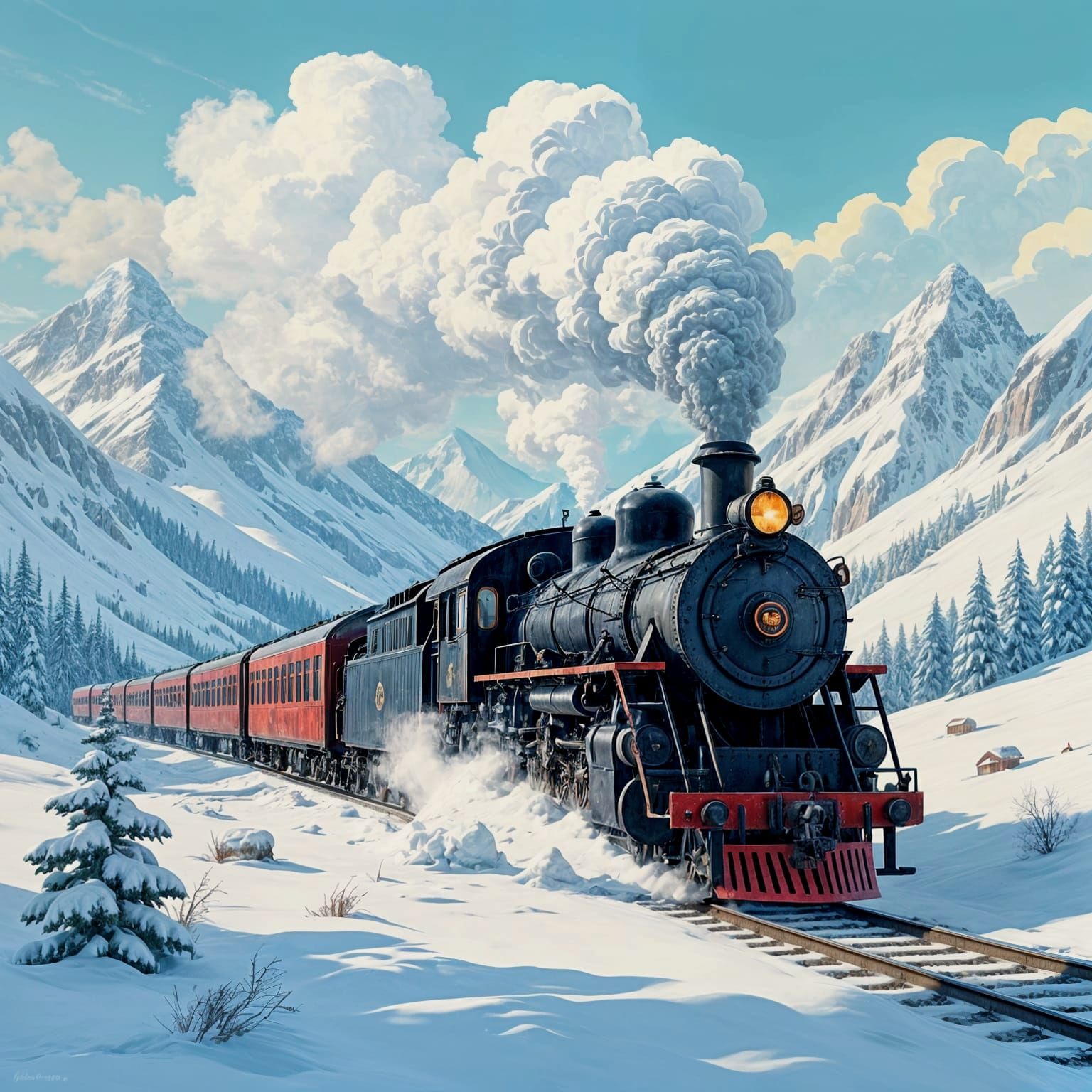 Old-Fashioned Locomotive on Snowy Mountain Pass
