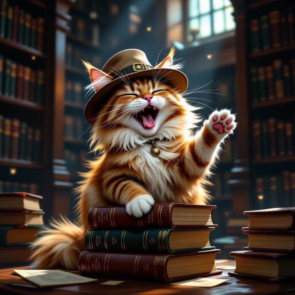 Ginger Cat Explorer on Books in Dim Library