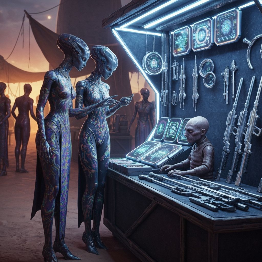 Bustling Alien Market Scene in a Futuristic Style