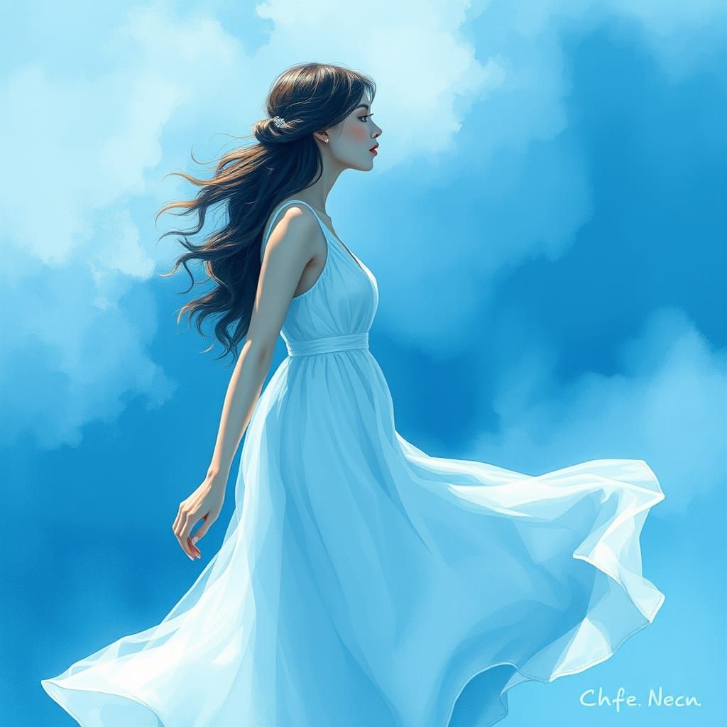 Ethereal Woman in Blue Watercolor Landscape