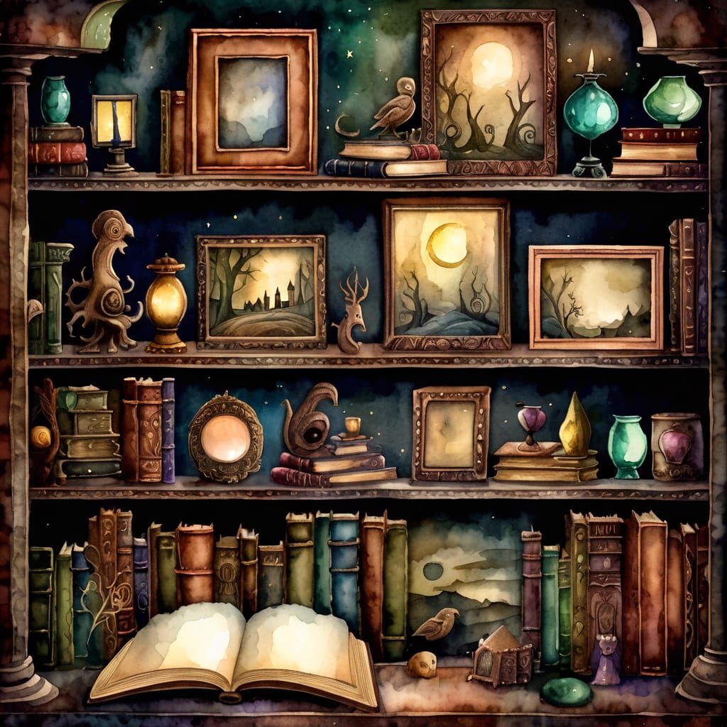 Whimsical Watercolor Illustration of Mystical Shelves
