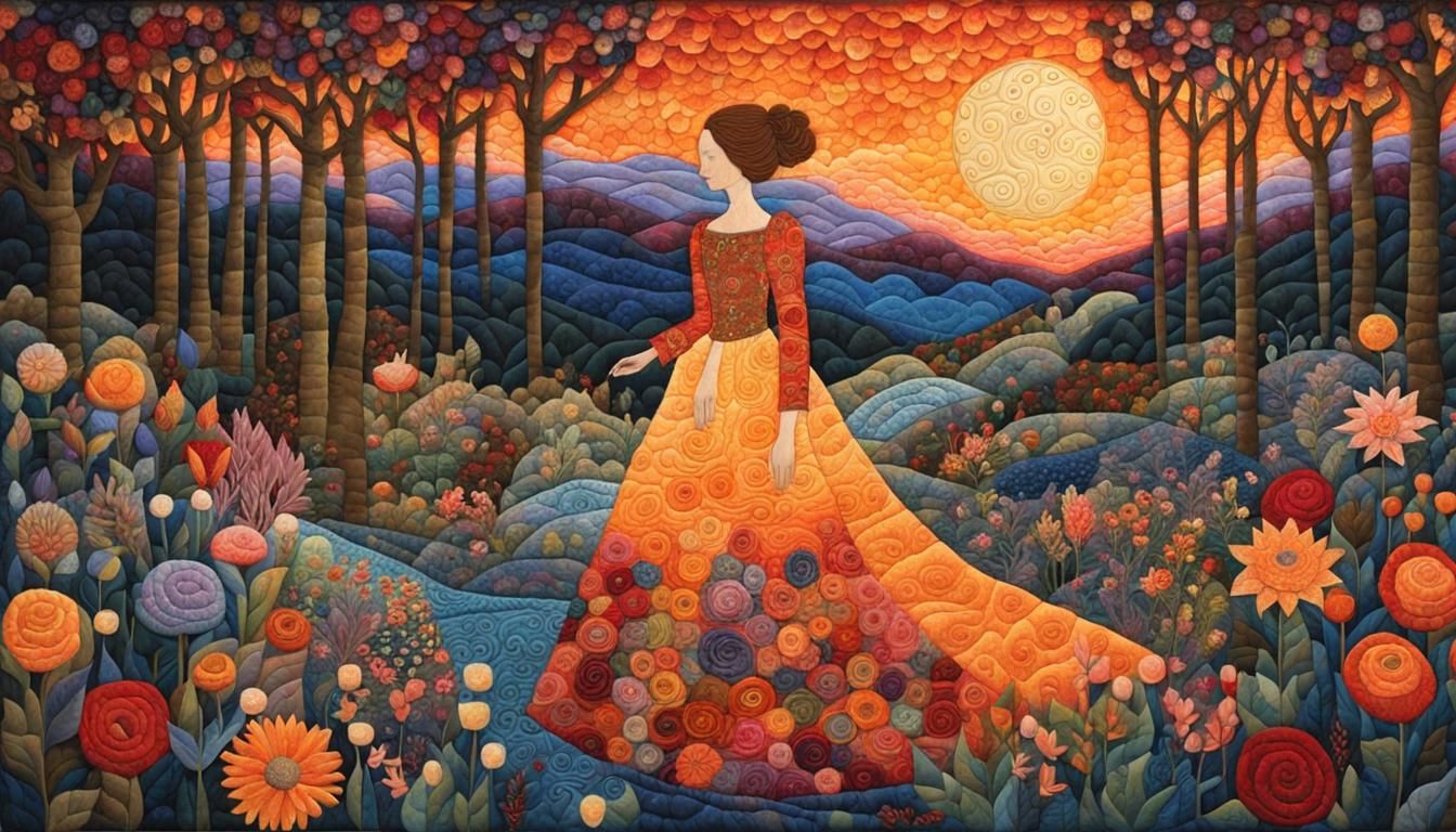 Quilted Sunset Woman in Enchanted Forest