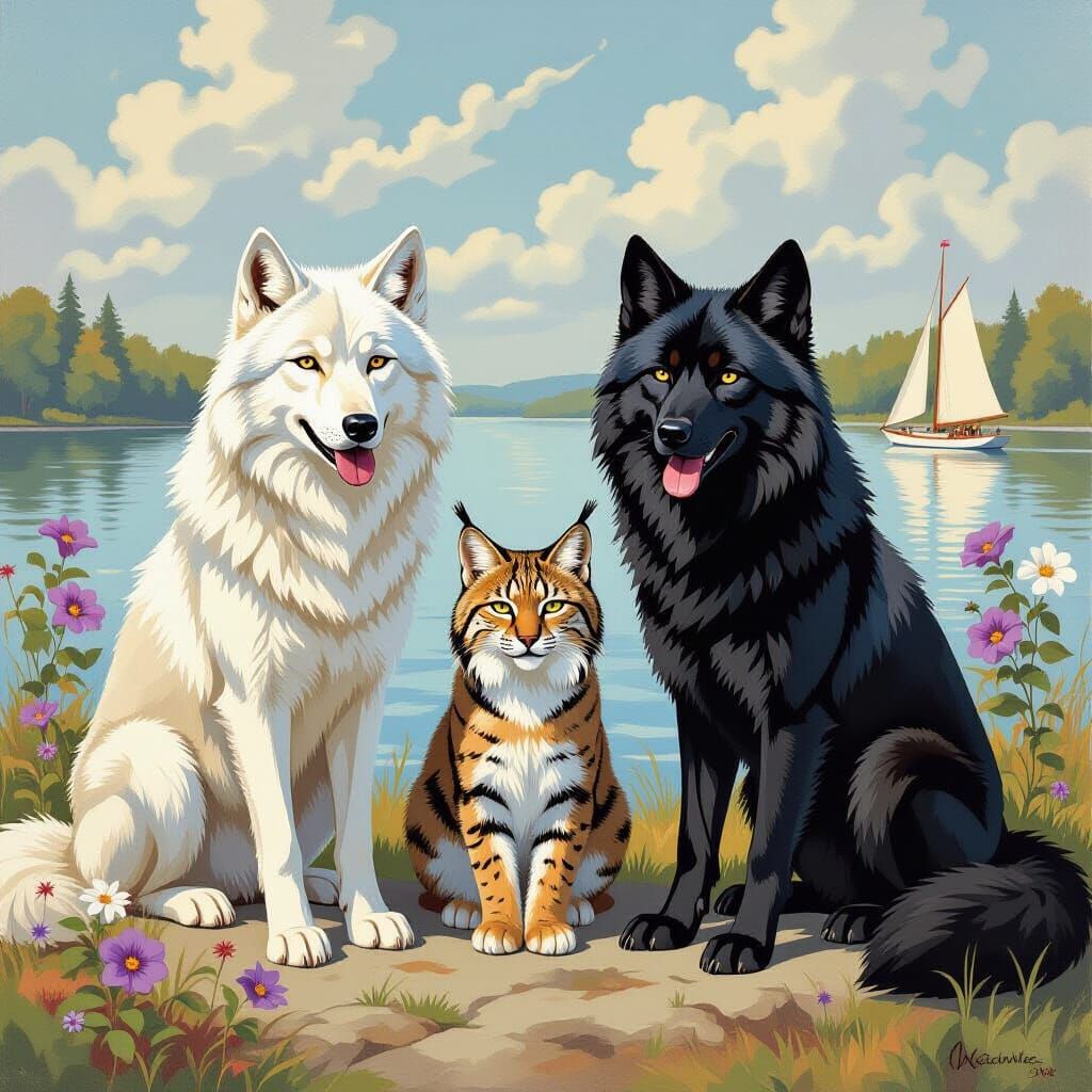 Wolves and Lynx by Lake in Norman Rockwell Style