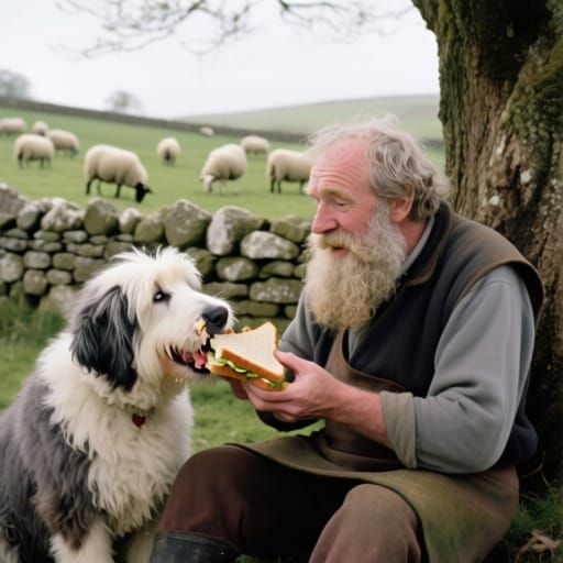 Shepherd Shares Sandwich With Old English Sheepdog