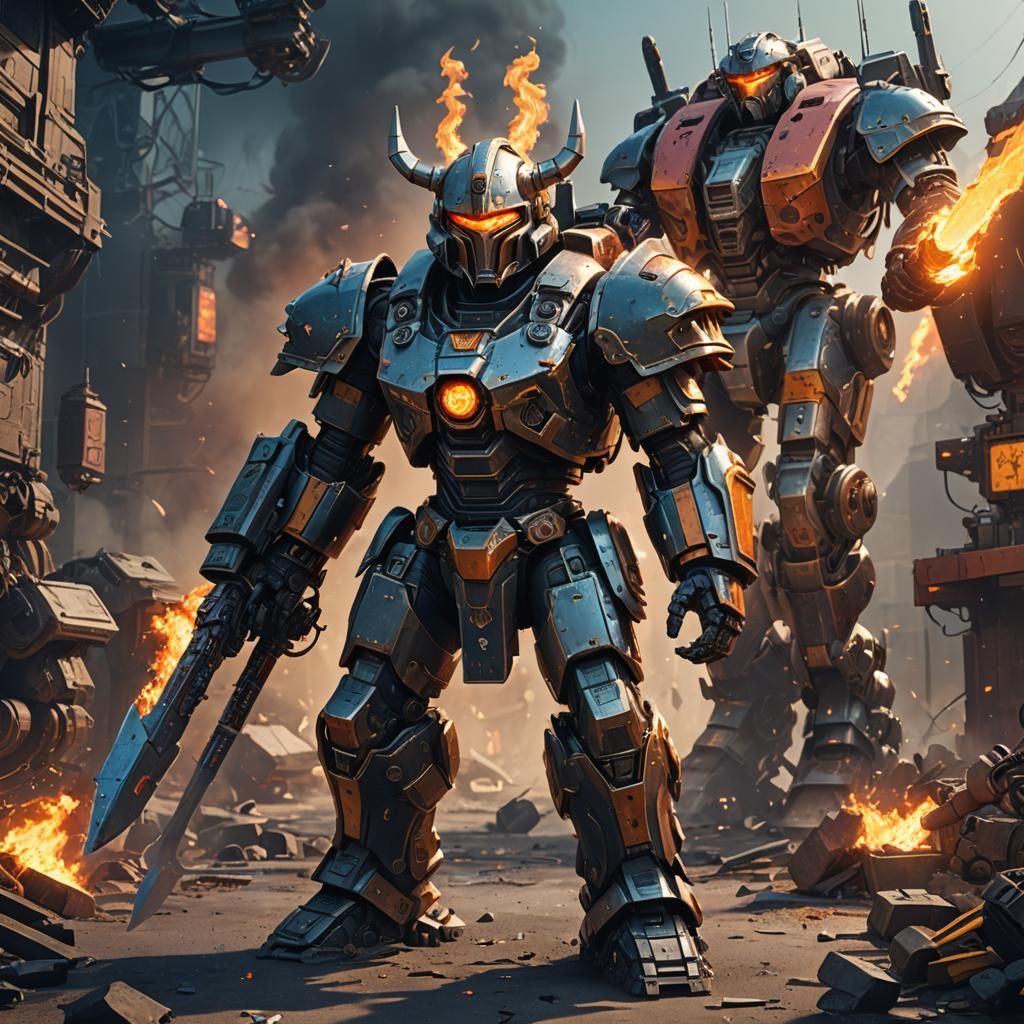 Retro-style young mech pilot Viking with pixelated armor and...