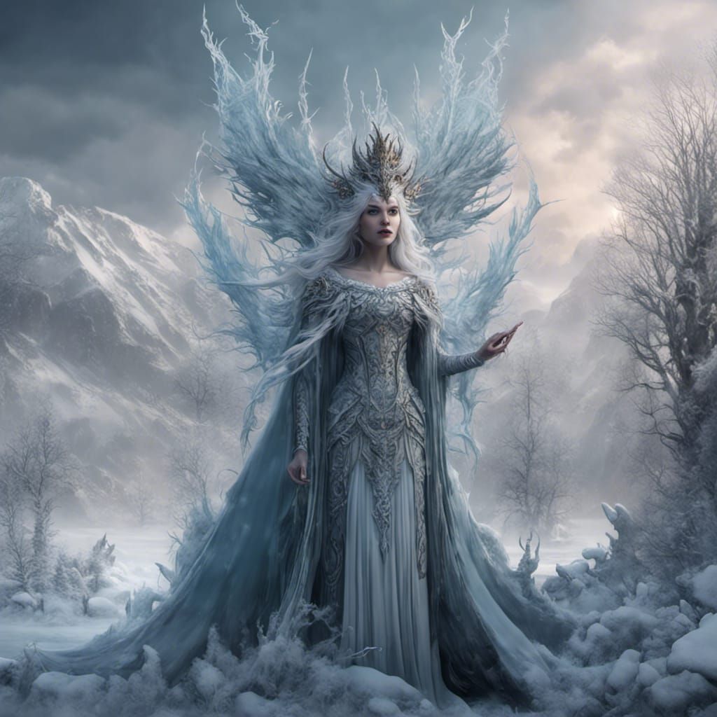 Icy Pale Unseelie Queen in Winter: Detailed Matte Painting