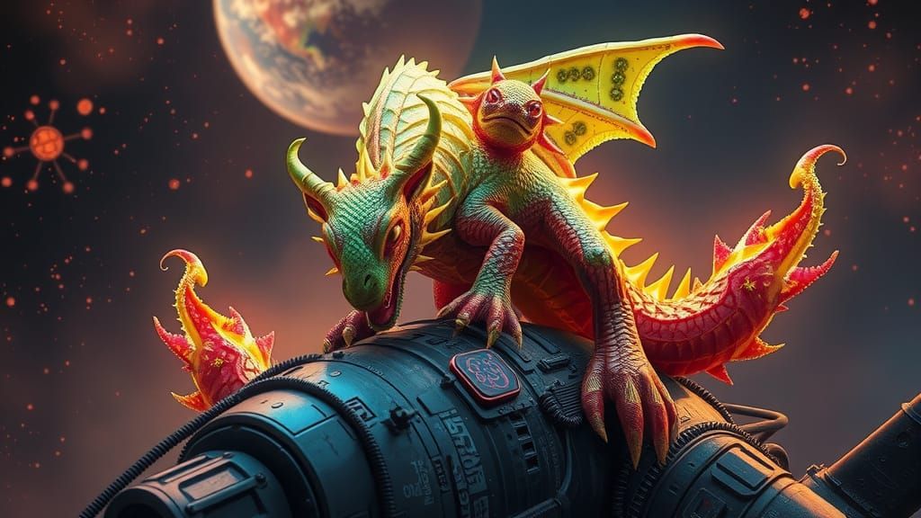 Bioluminescent Fruit Dragon on Spaceship in Acid Ink Style