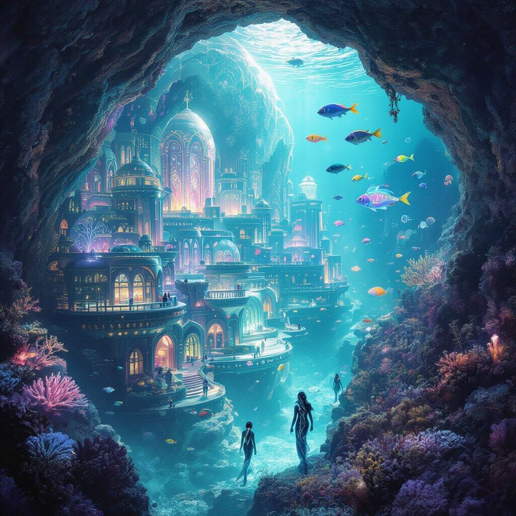 Underwater Geode City with Merfolk and Exotic Fish