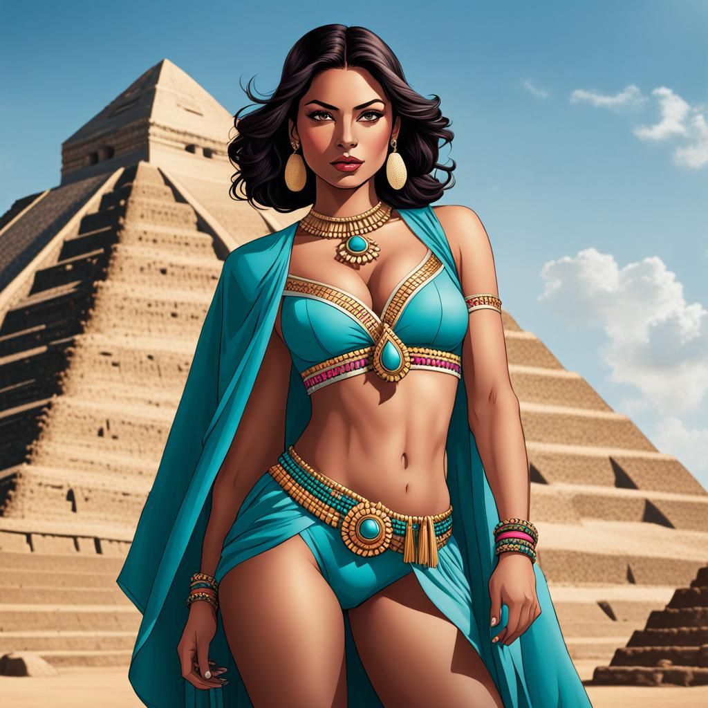 Mexican Explorer on Aztec Pyramid in Comic Book Style