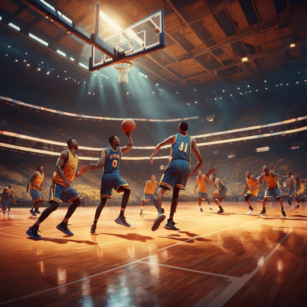 Dynamic Basketball Game in Vibrant Digital Art Style