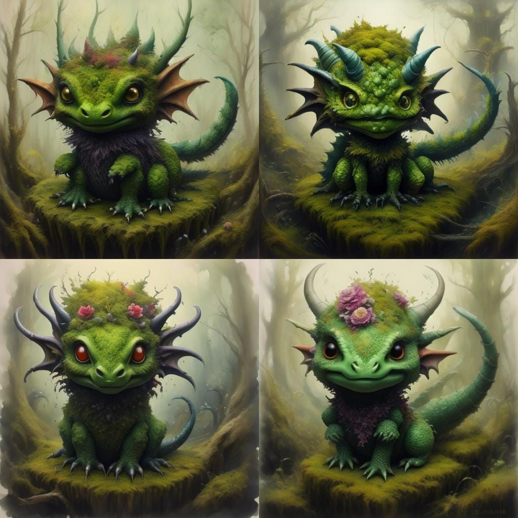 Moss Dragon Statue in Watercolor Style