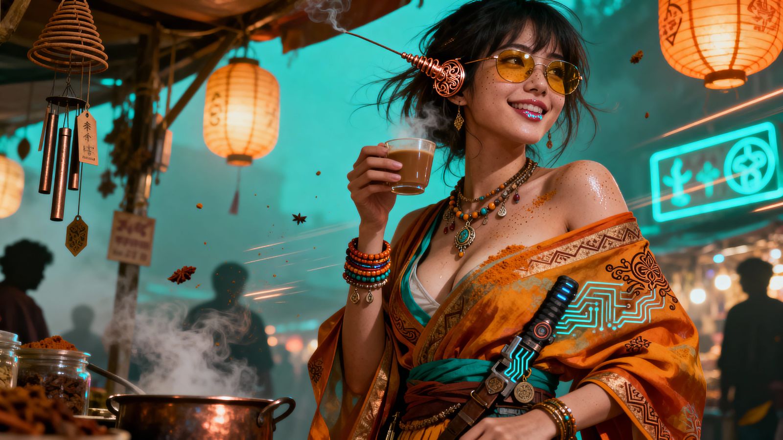 Saffronpunk Night Market Siren with Cybernetic Accents