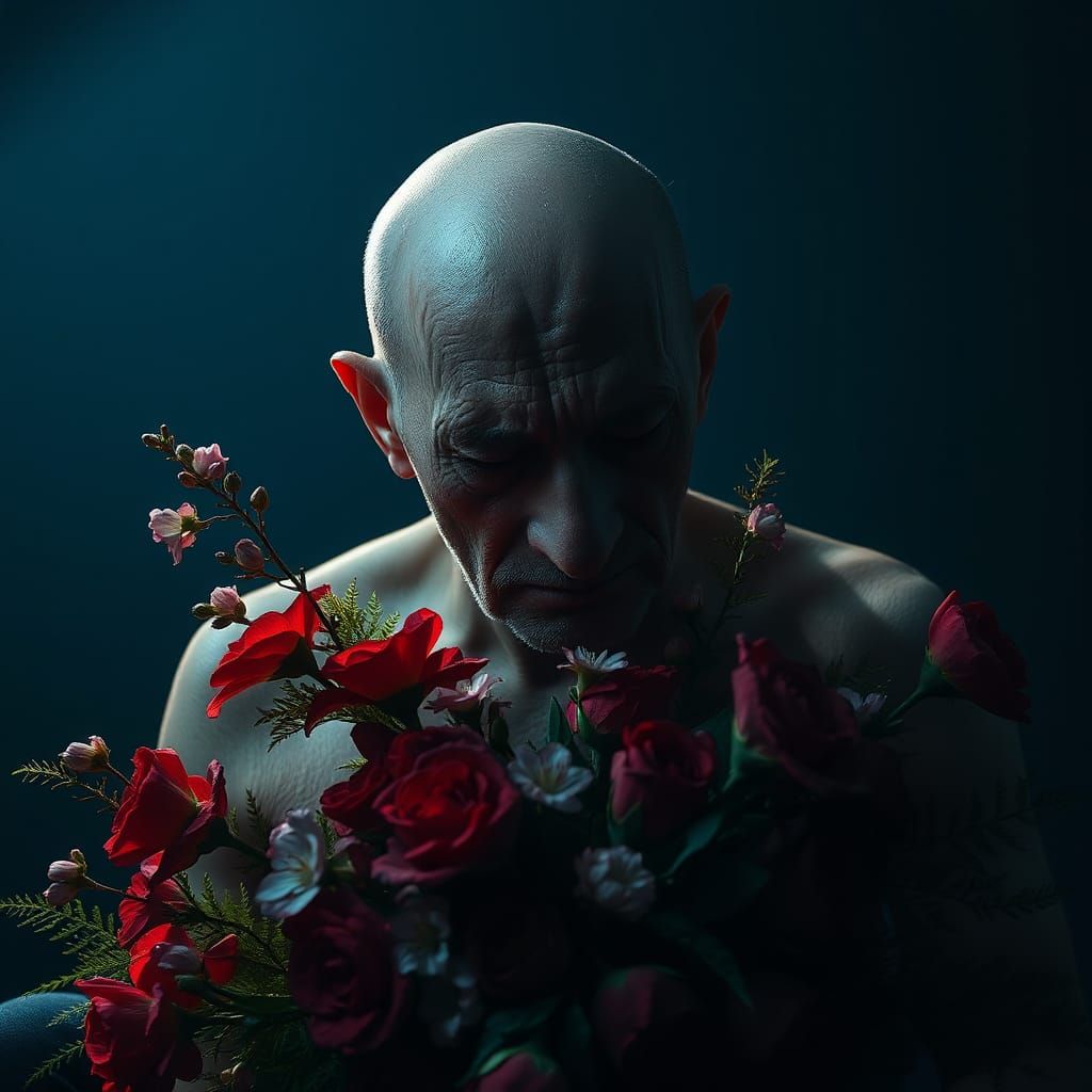 Melancholy Man Surrounded by Flowers in Photorealistic Style