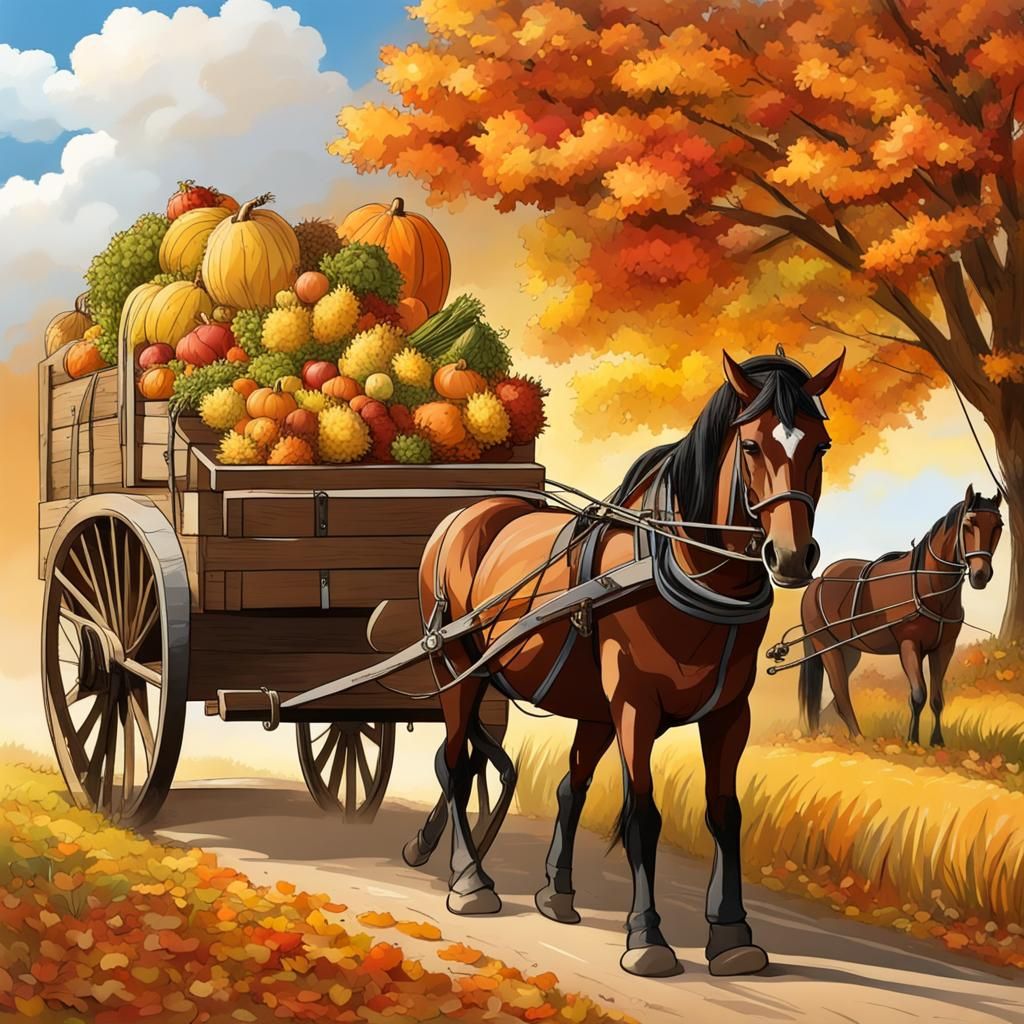 Autumn Harvest: Horse-Drawn Wagon in Rural Scene