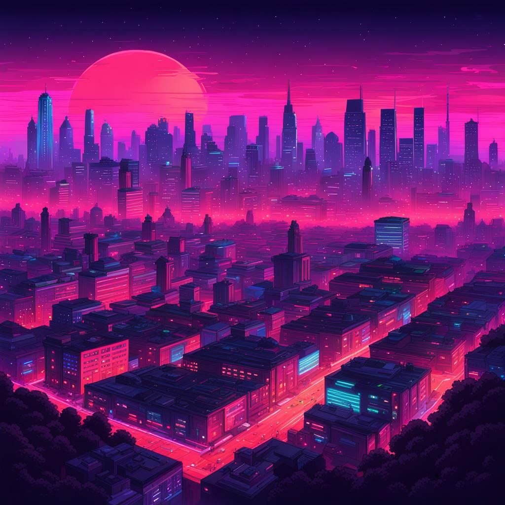 Neon Retro Cityscape Under Monumental Screen