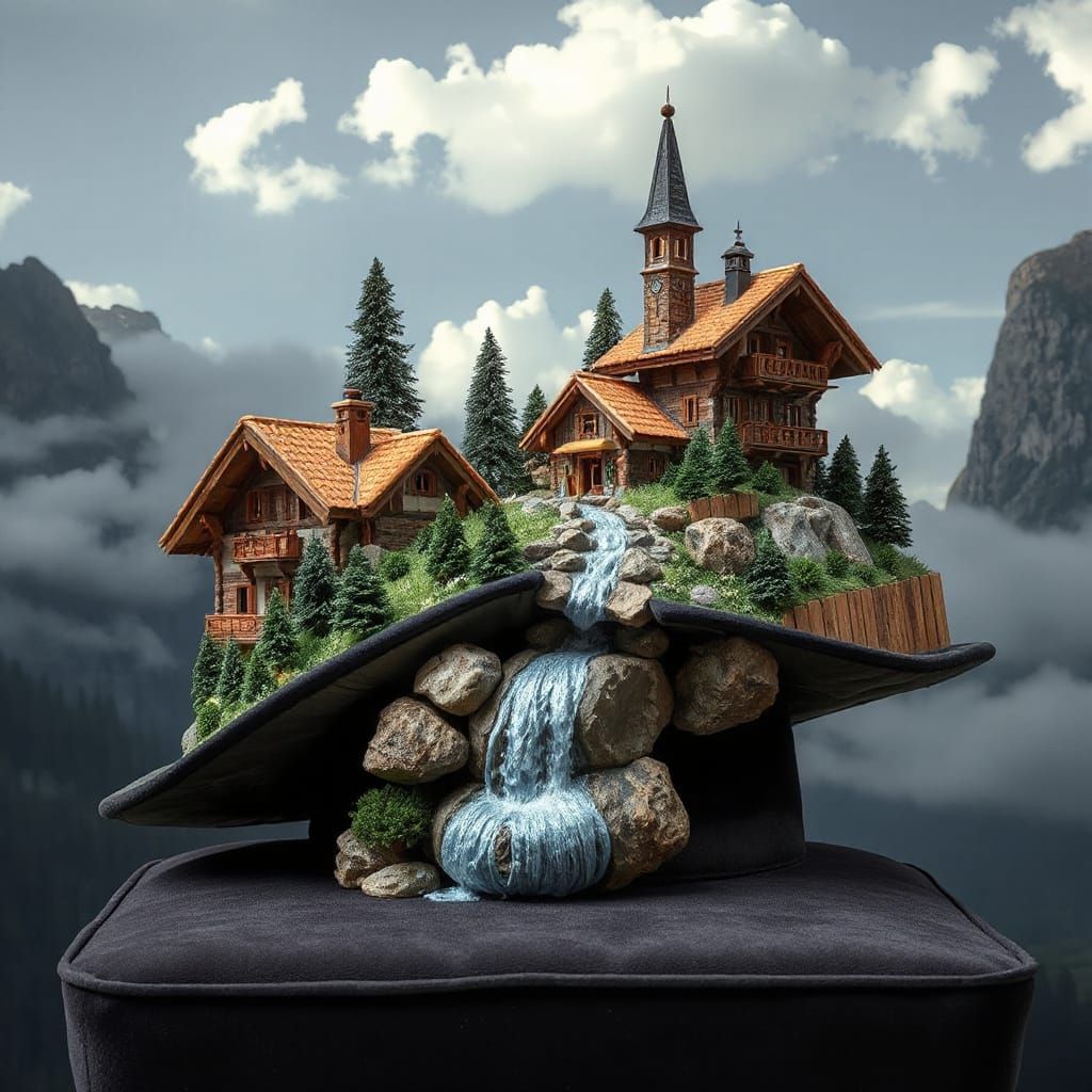 Elaborate Swiss Village Hat with Silk Waterfall