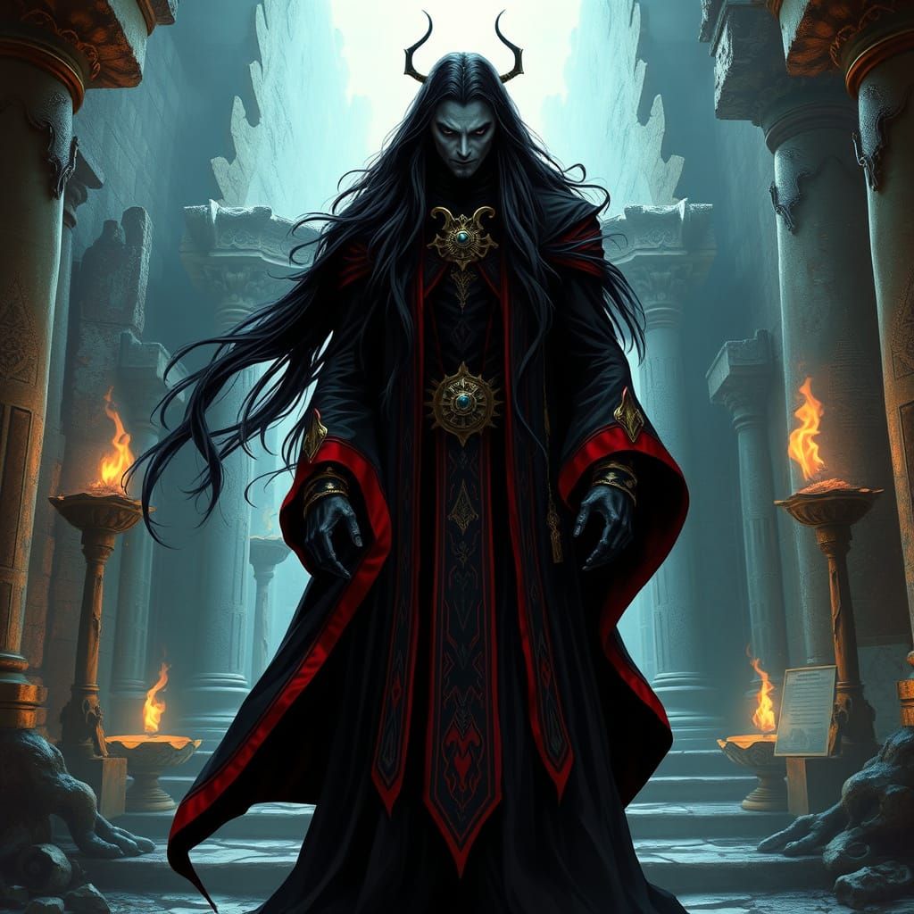 Ethereal Vampire Lord Amidst Ancient Temple Ruins