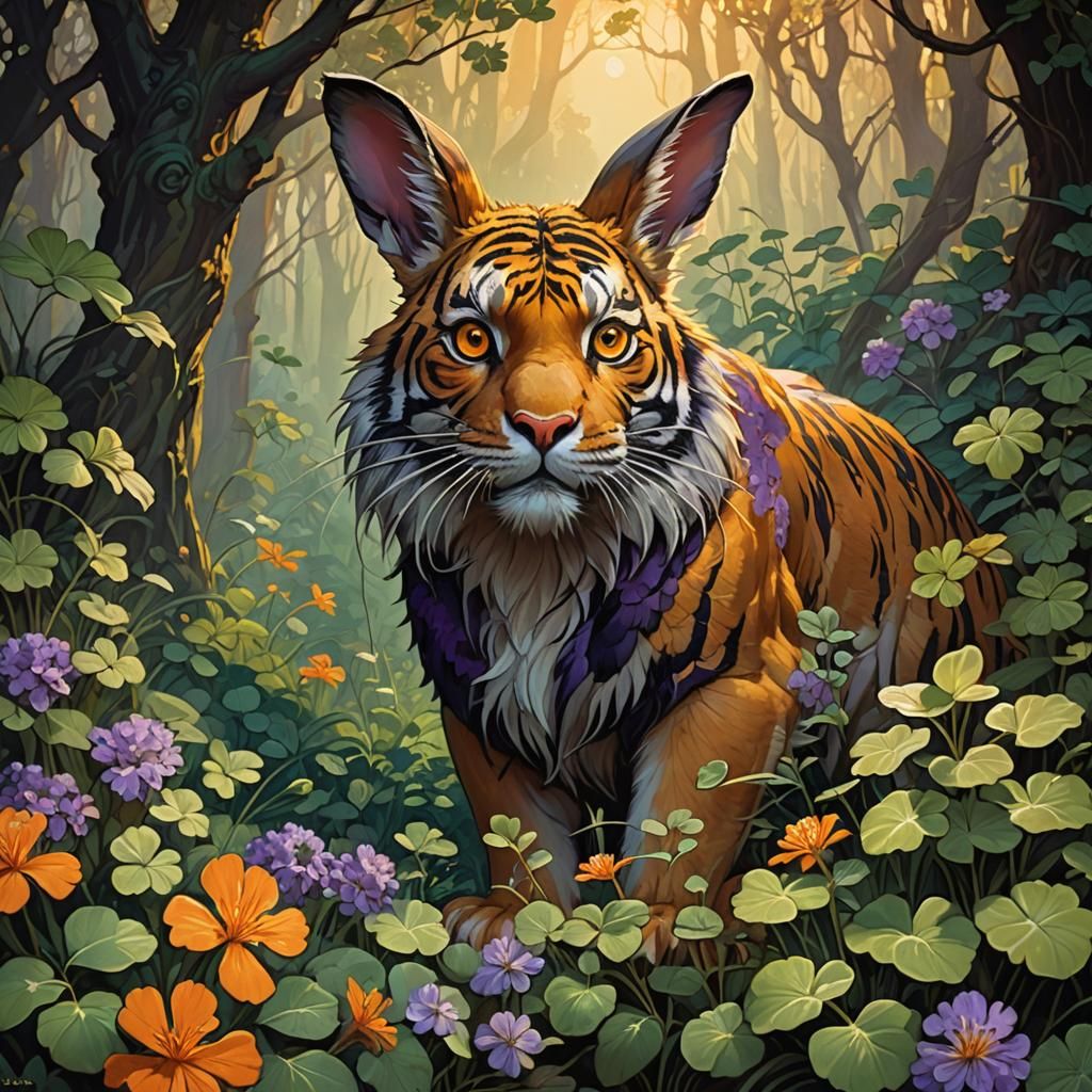 Tiger Stalks Rabbit in Dark Fantasy Art Nouveau Style
