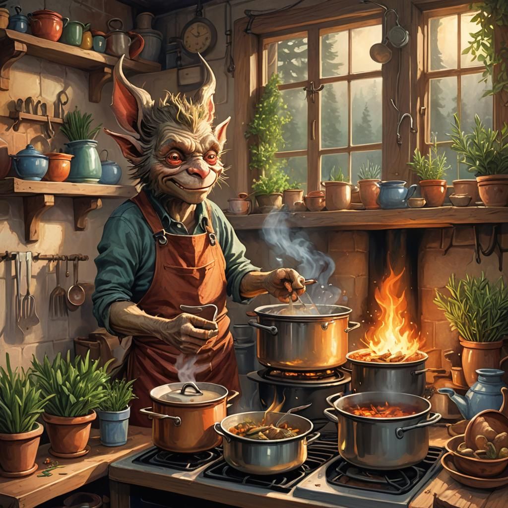 Forest Imp Cooking in Cozy Kitchen