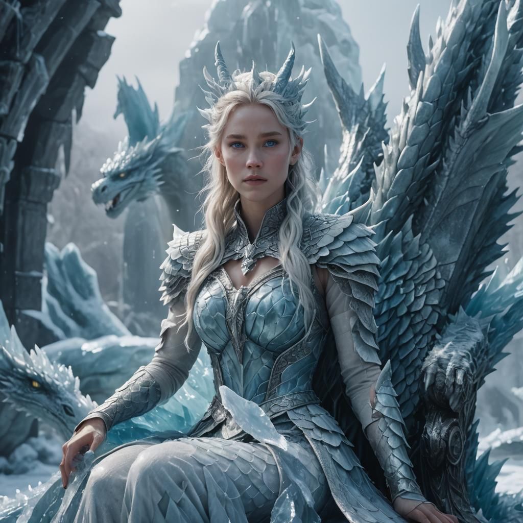 Icy Dragon Girl Empress on Frozen Throne