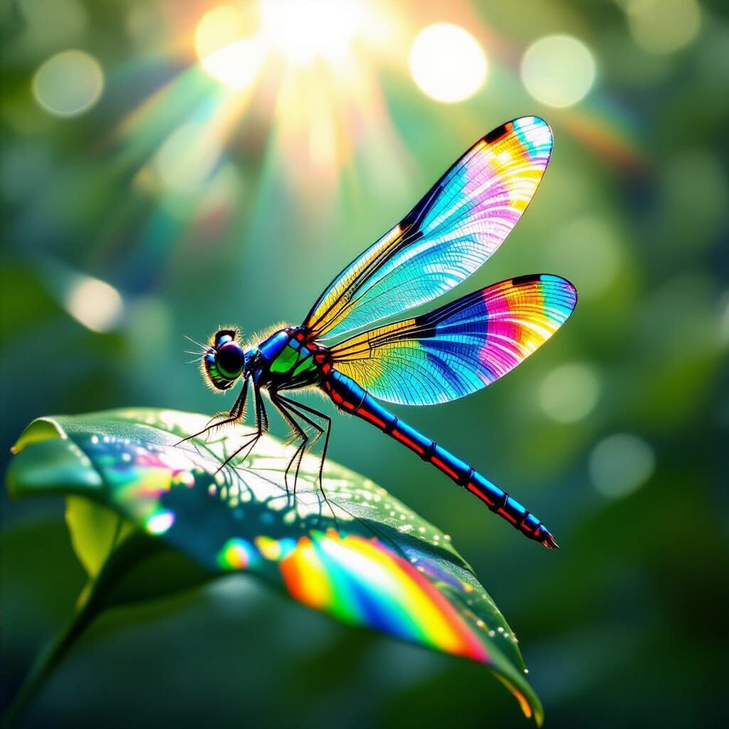 Rainbow Dragonfly on Leaf in Watercolor Style