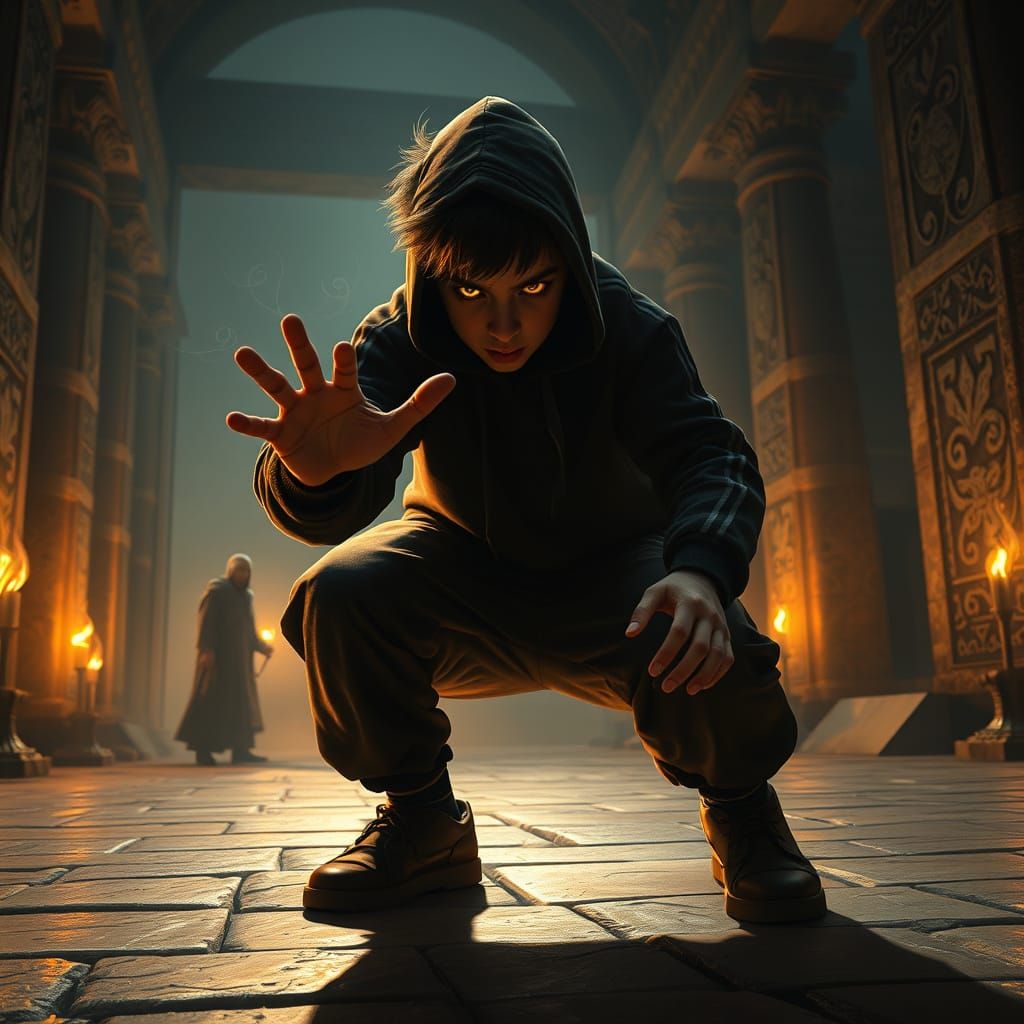 Dark Youth Strikes in Ancient Temple, Hyperrealistic Art