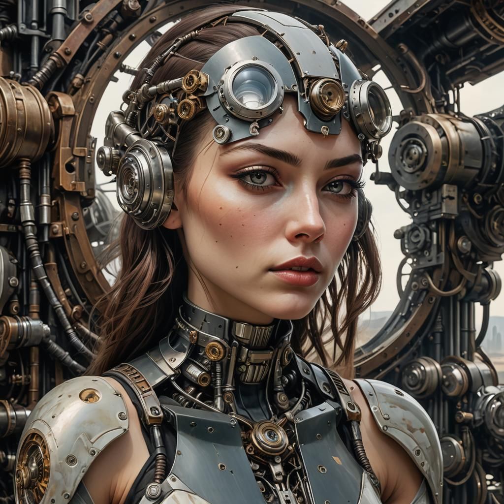 Dieselpunk Woman with Cybernetic Eye and Exoskeleton