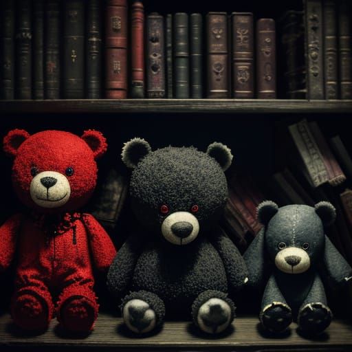 Creepy Stuffed Animals with Glowing Eyes in Tim Burton Style