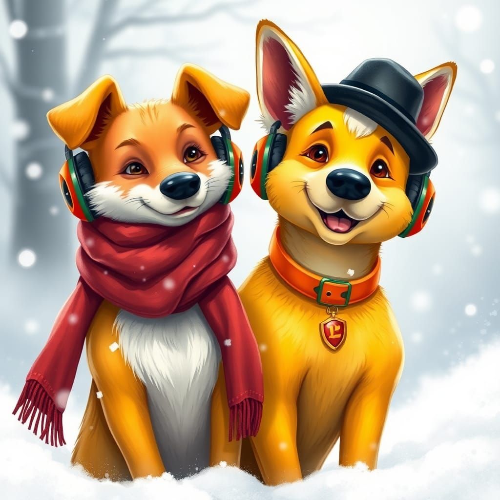 Dog and Fox with Gaming Headphones in Winter