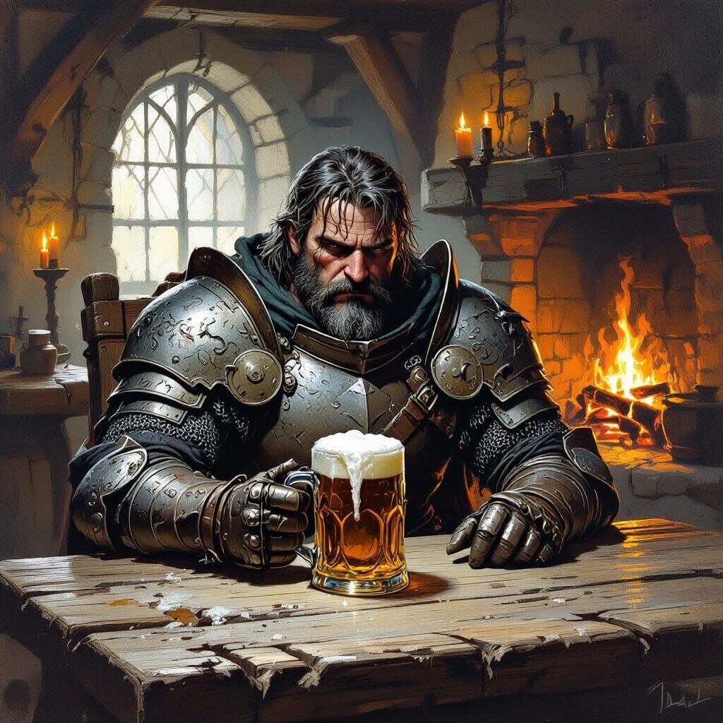 Grizzled Knight in Dim Tavern, Dark Fantasy Art