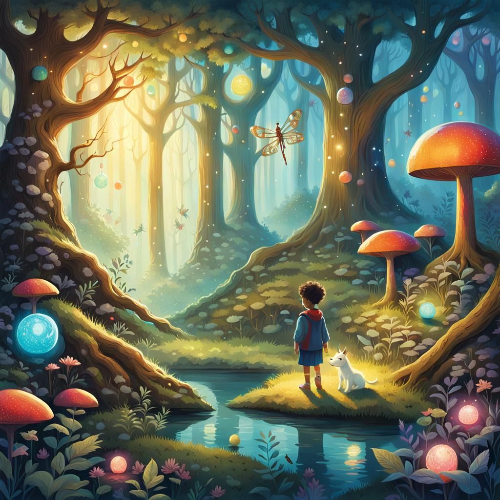 Child Wanders Through Enchanted Forest Illustration