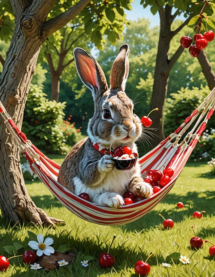 Rabbit in Hammock Enjoying Cherry Sundae