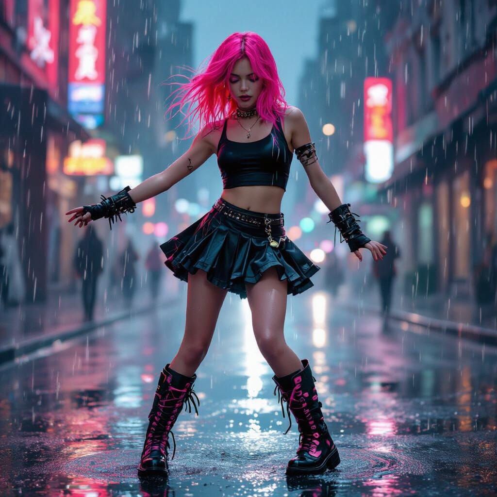 Pink Haired Gothic Girl Dancing in Neon Rain