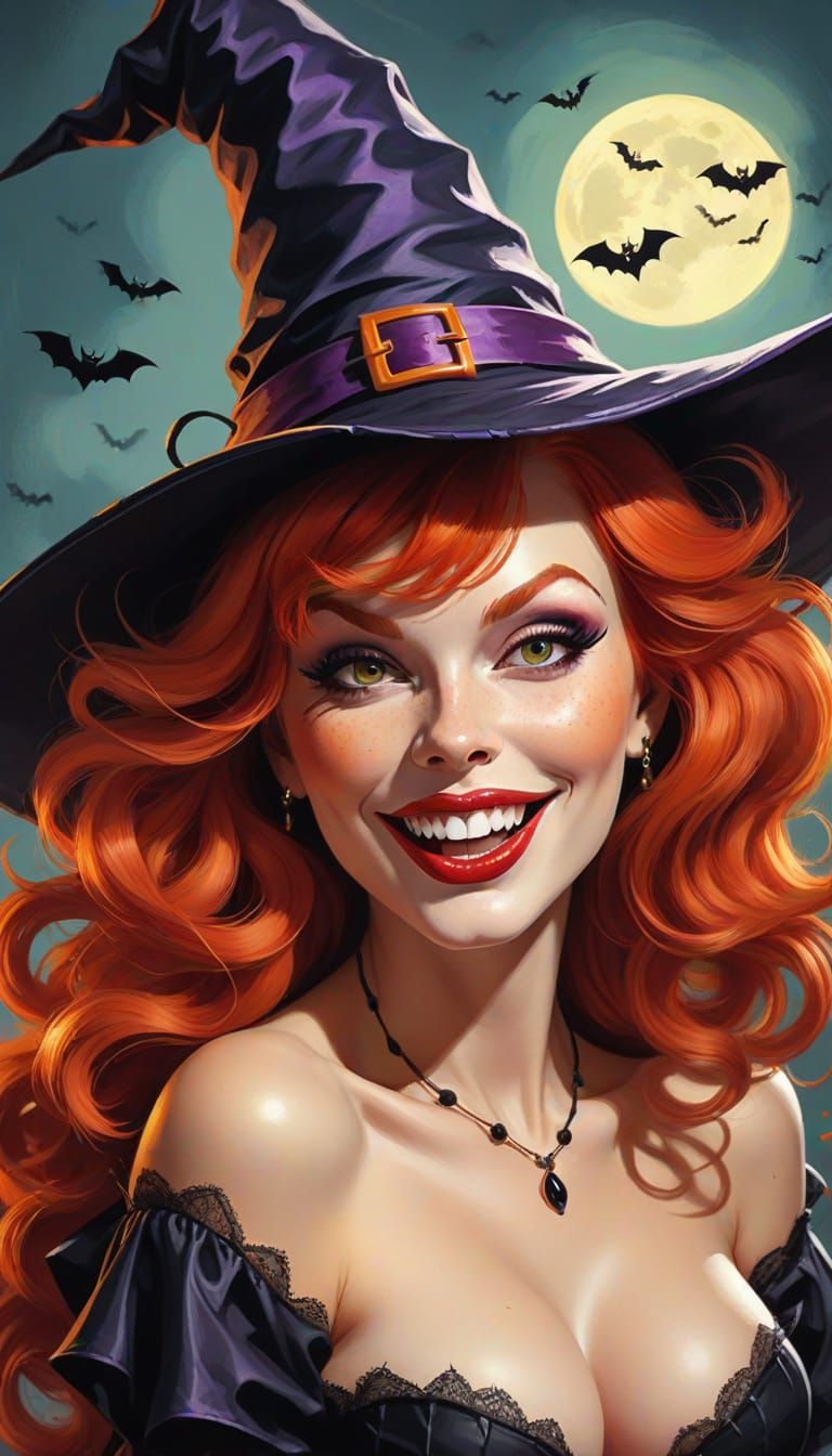 Playful Redhead Witch in Halloween Style