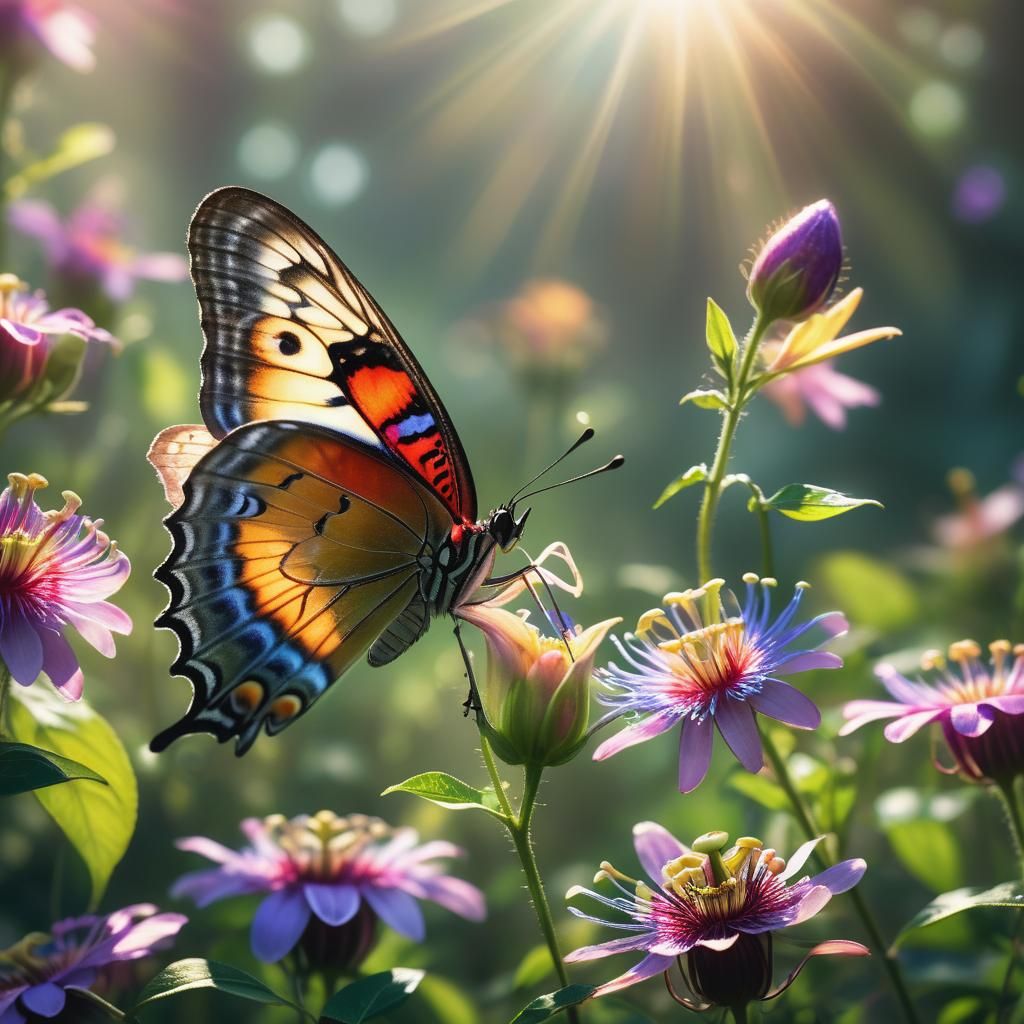 Butterfly on Passion Flower in Morning Mist