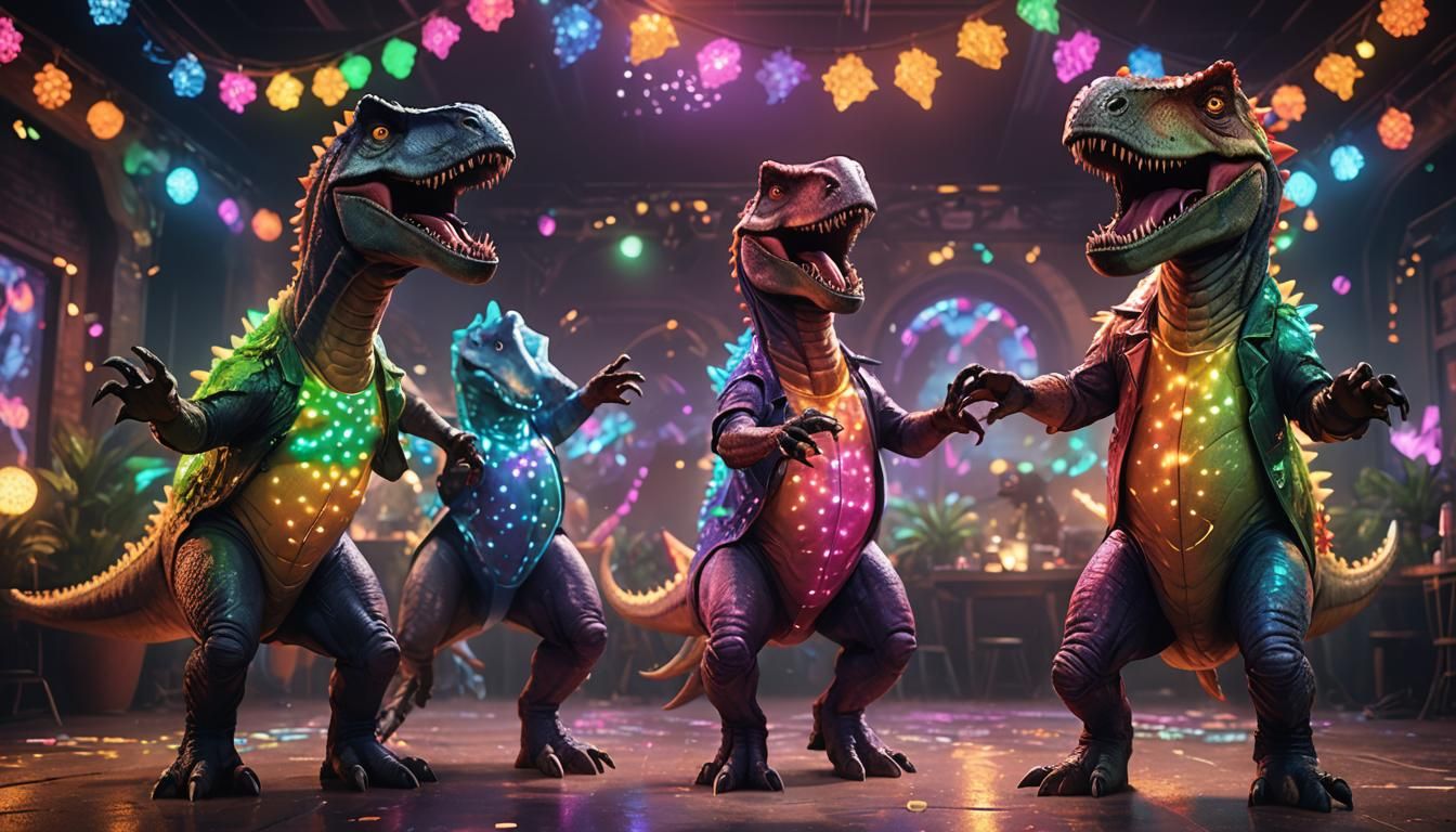 Dancing Disco Dinosaurs: Detailed Fantasy Art