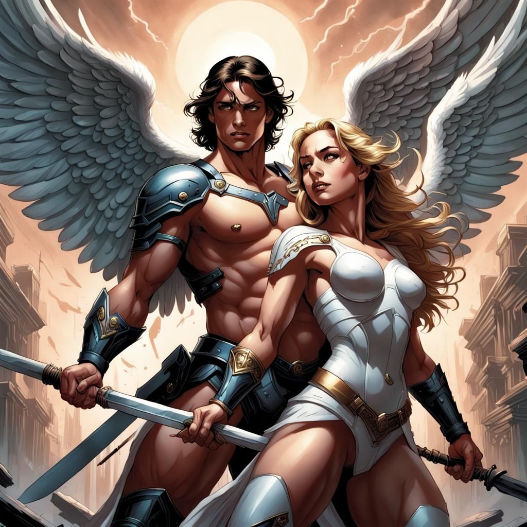 Warrior Angel Protecting Woman: Comic Book Art