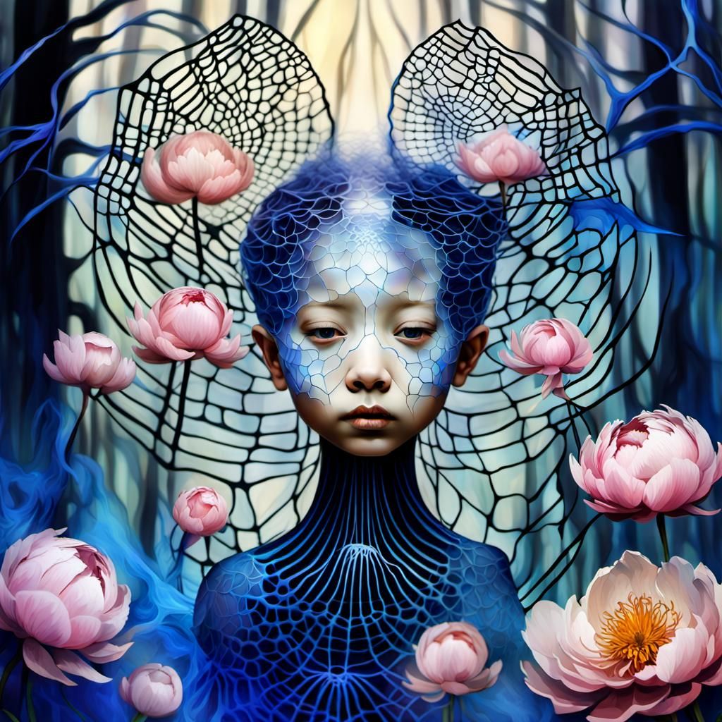 Ethereal Toddler Dances with Heron in Surrealist Landscape