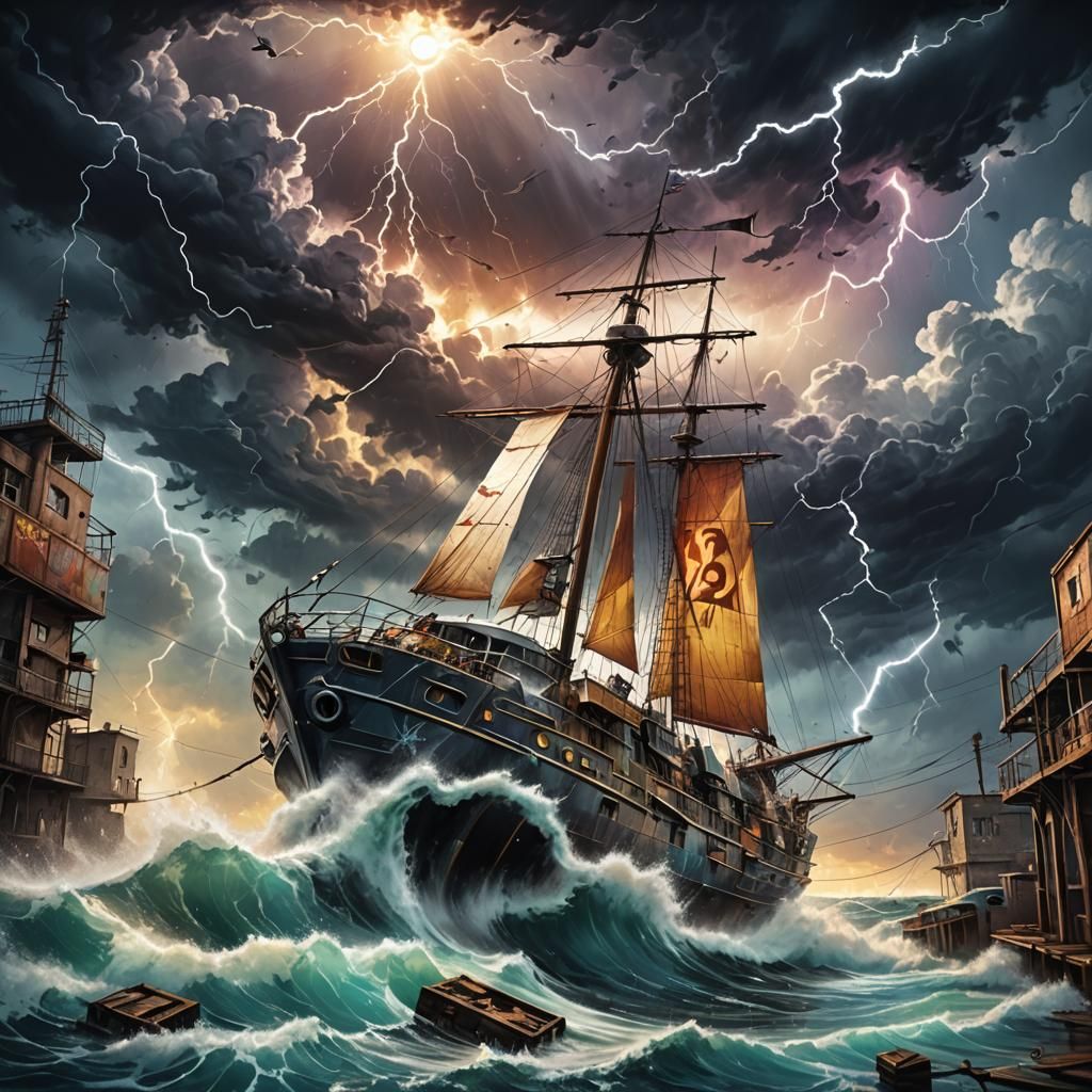 Futuristic boat, water, mast, sails, open water, waves, dark clouds, lightning, sun rays, dramatic, eerie, detailed, cin...