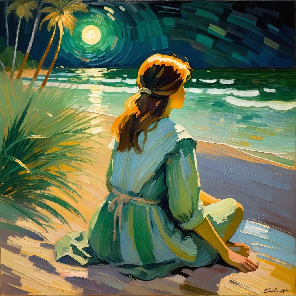 Melancholy Woman on Moonlit Beach in Impressionist Style