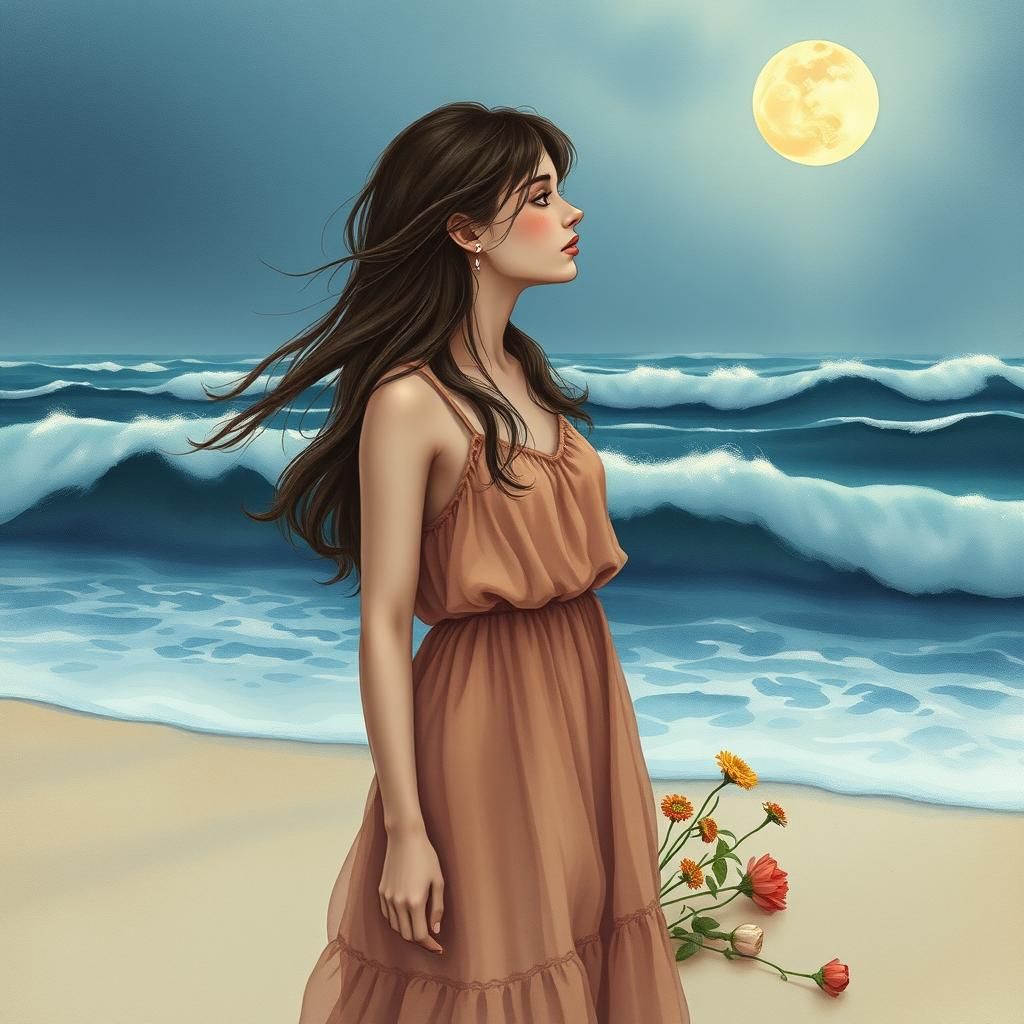 Sorrowful Woman on Windswept Beach in Digital Surrealism
