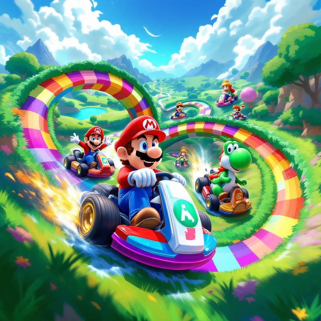 Vibrant Mario Kart Racing Scene in Digital Art Style