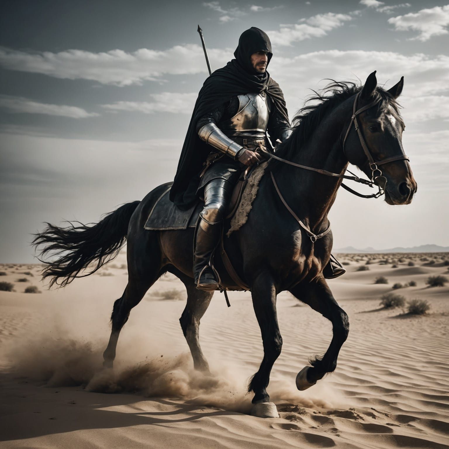 Assassin Knight Leading Horse Through Desert Line Art