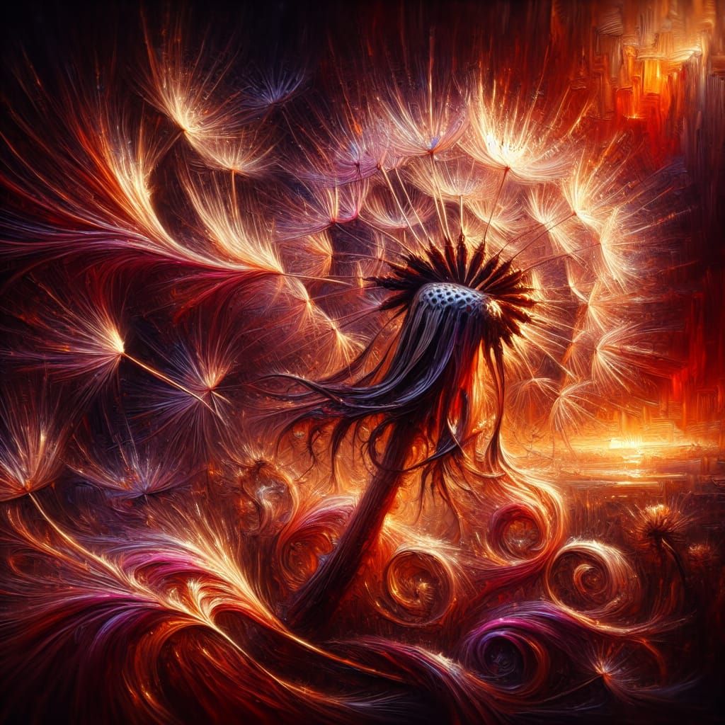 Dandelion Seeds in Sunset Glow, Impasto Surrealism