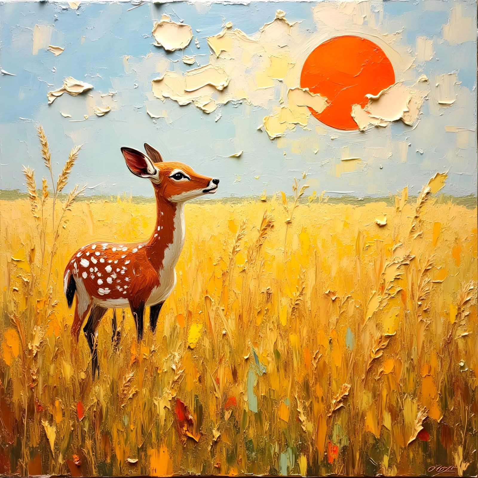Fawn in Wheat Field: Impasto Style