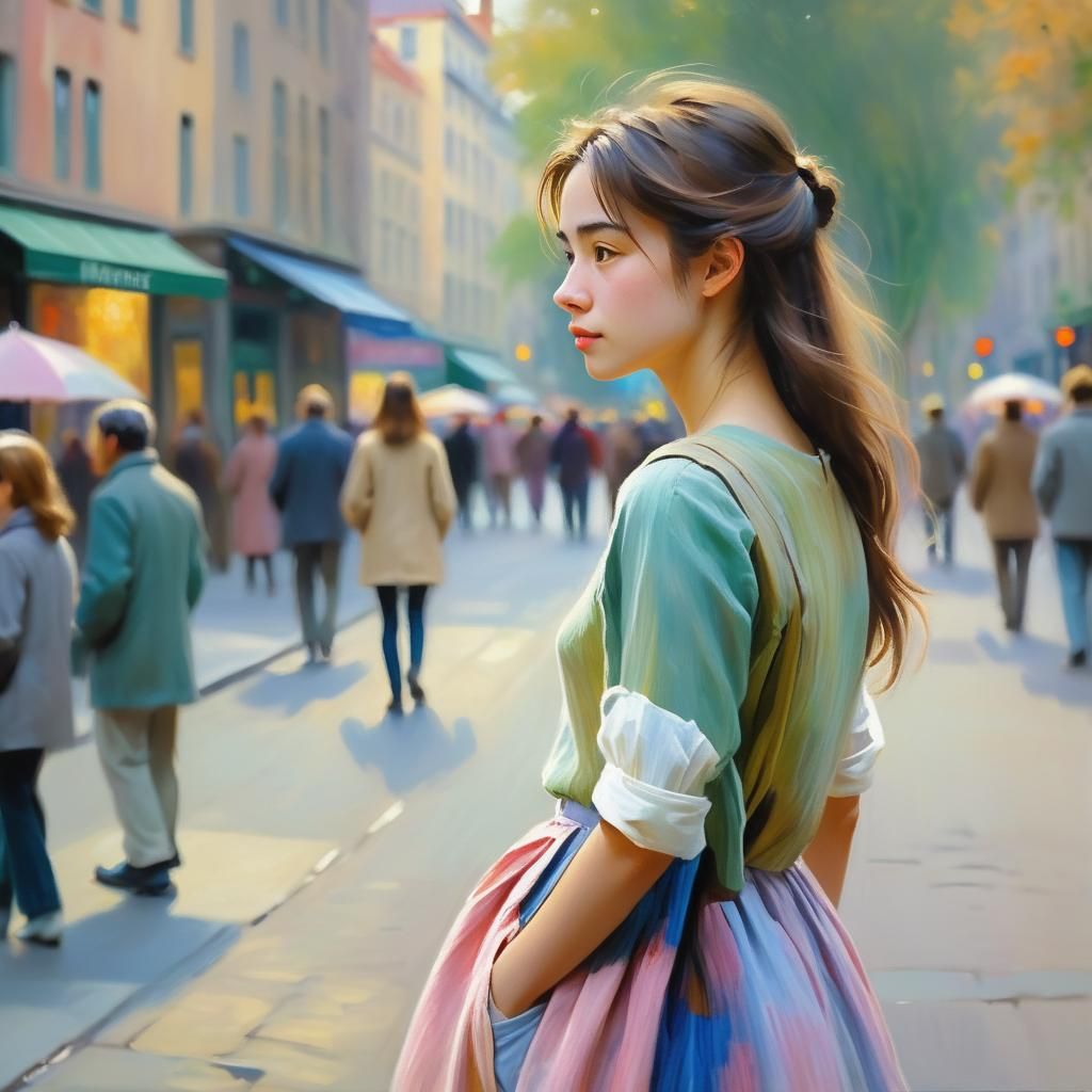 Impressionist Woman Longing on Busy Street