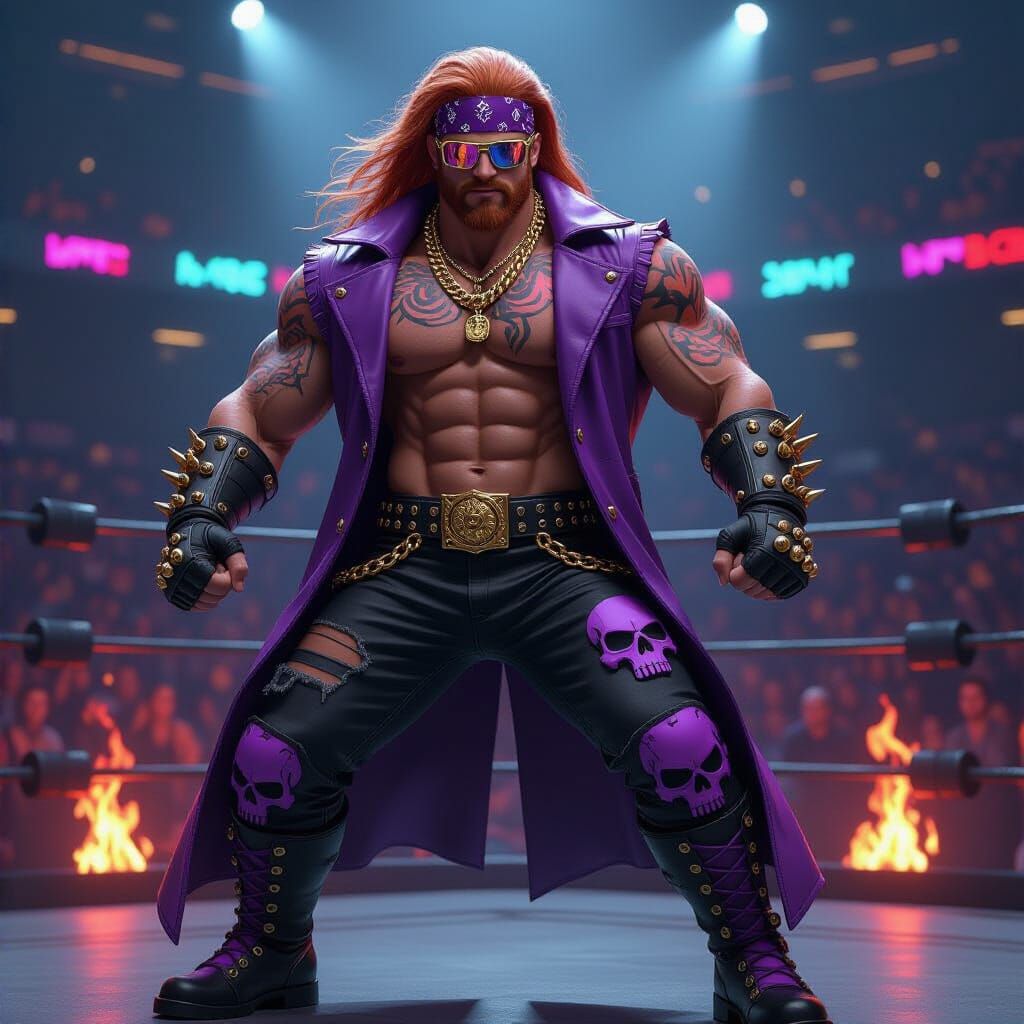 Cyberpunk Wrestler with Flame Tattoos in Neon Arena