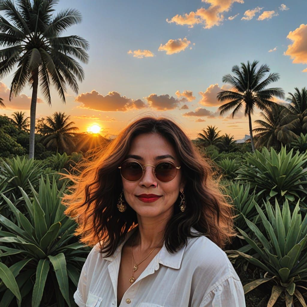 Vibrant Tropical Goddess Dancing in Sunset