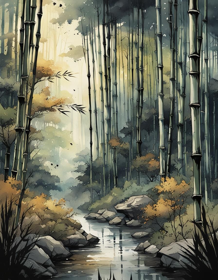 Neutral Bamboo Forest: Surreal Watercolor Art